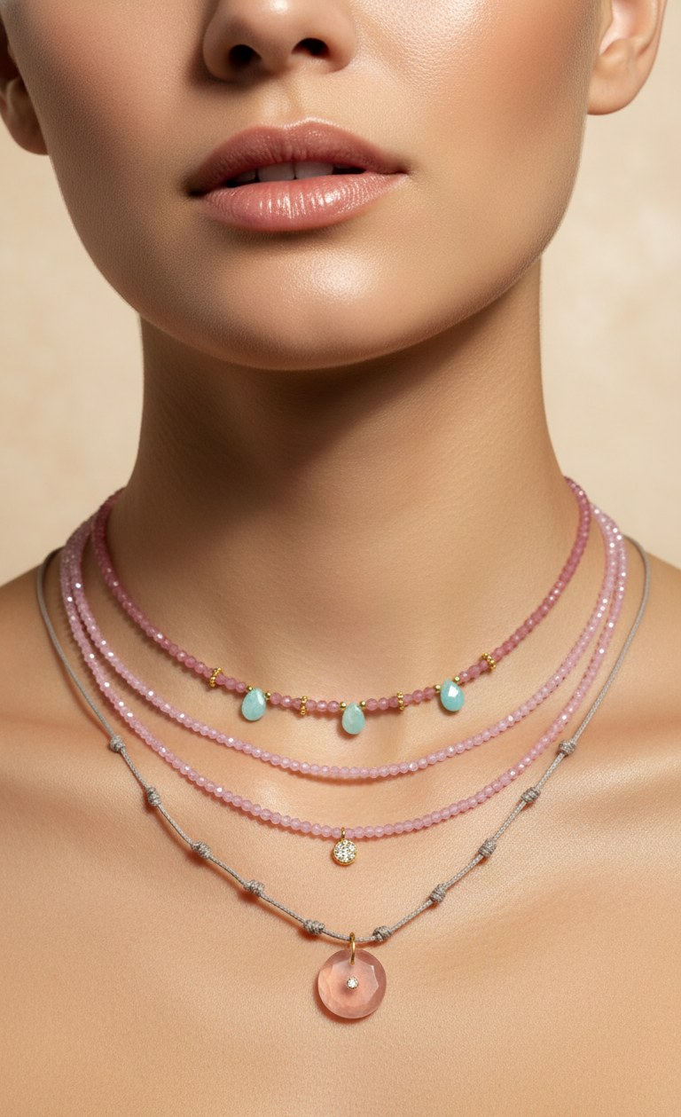 Collar Pètal Turmalina rosa y Amazonita
